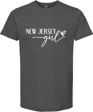 Dark gray t-shirt with 'New Jersey girl' text on a white background