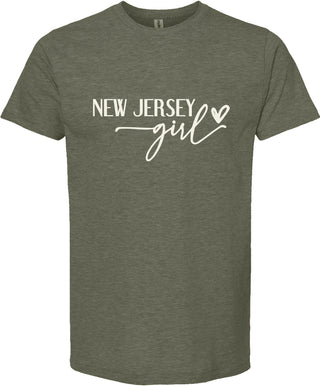 Green t-shirt with 'New Jersey girl' text on a white background