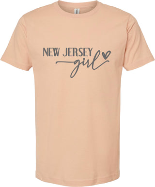 Peach t-shirt with 'New Jersey girl' text on a white background