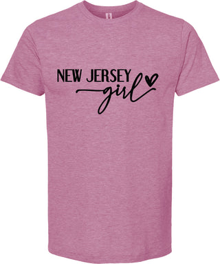 Raspberry t-shirt with 'New Jersey girl' text on a white background