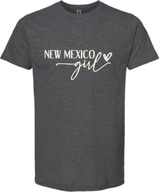 Dark gray t-shirt with 'New Mexico Girl' text on a white background