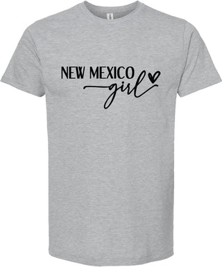 Light Gray t-shirt with 'New Mexico girl' text on a white background