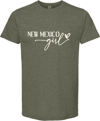 Green t-shirt with 'New Mexico Girl' text on a white background