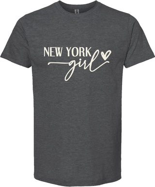 Dark gray t-shirt with 'New York girl' text on a white background