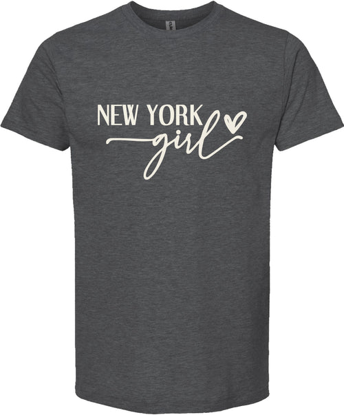 Dark gray t-shirt with 'New York girl' text on a white background