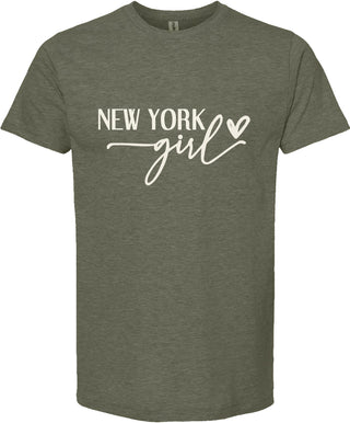 Green t-shirt with 'New York girl' text on a white background