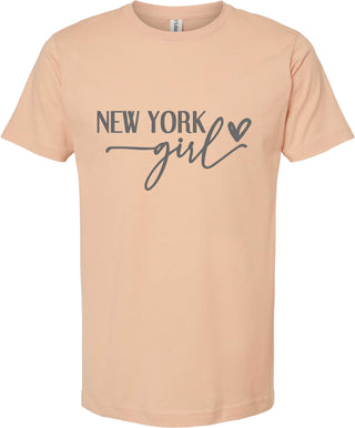 Peach t-shirt with 'New York Girl' text on a white background