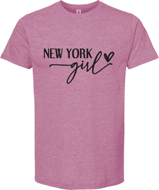 Raspberry t-shirt with 'New York girl' text on a white background
