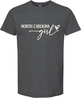 Dark gray t-shirt with 'North Carolina girl' text on a white background