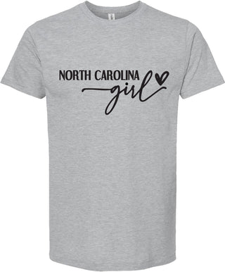 Light Gray t-shirt with 'North Carolina girl' text on a white background