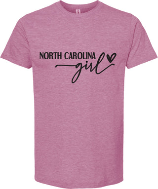 Raspberry t-shirt with 'North Carolina girl' text on a white background