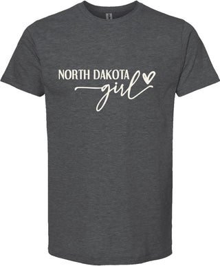 Dark gray t-shirt with 'North Dakota Girl' text on a white background