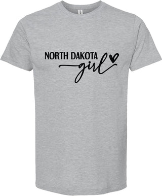 Light Gray t-shirt with 'North Dakota Girl' text on a white background