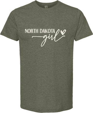 Green t-shirt with 'North Dakota Girl' text on a white background