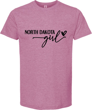 Raspberry t-shirt with 'North Dakota girl' text on a white background