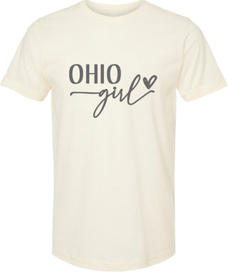 Cream t-shirt with 'OHIO girl' text on a white background
