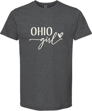 Dark gray t-shirt with 'OHIO girl' text on a white background