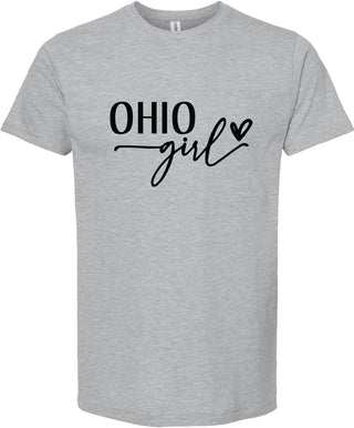 Light Gray t-shirt with 'OHIO girl' text on a white background
