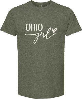Green t-shirt with 'OHIO girl' text on a white background
