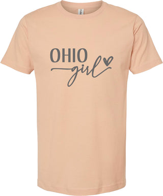 Peach t-shirt with 'OHIO girl' text on a white background