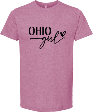 Raspberry t-shirt with 'OHIO girl' text on a white background