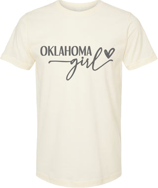Cream t-shirt with 'Oklahoma girl' text on a white background