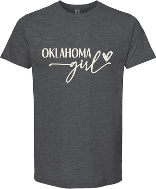 Dark gray t-shirt with 'Oklahoma girl' text on a white background