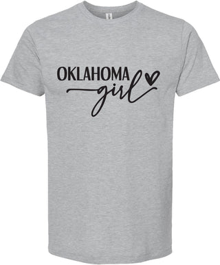 Light Gray t-shirt with 'Oklahoma girl' text on a white background