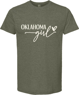 Green t-shirt with 'Oklahoma girl' text on a white background