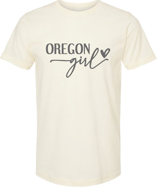 Cream t-shirt with 'OREGON girl' text and heart graphic on a white background
