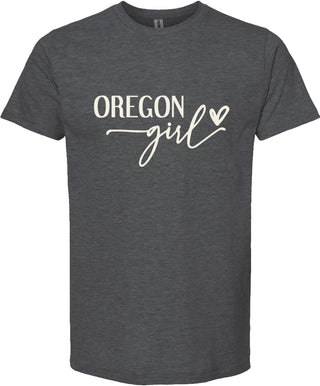 Dark gray t-shirt with 'OREGON girl' text and heart design on a white background