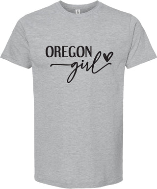 Light Gray t-shirt with 'OREGON girl' text on a white background