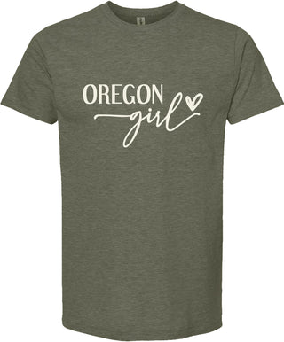 Green t-shirt with 'OREGON girl' text on a white background