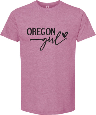 Raspberry t-shirt with 'OREGON girl' text on a white background