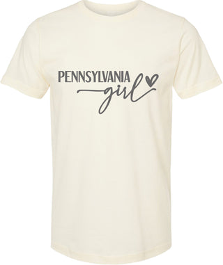 Cream t-shirt with 'Pennsylvania girl' text on a white background
