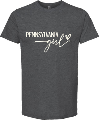 Dark gray t-shirt with 'Pennsylvania girl' text on a white background