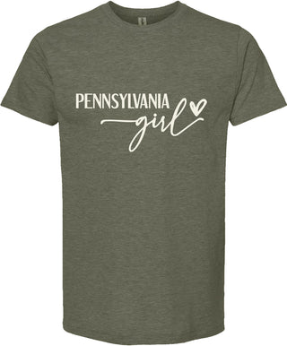 Green t-shirt with 'Pennsylvania girl' text on a white background