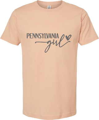 Peach t-shirt with 'Pennsylvania girl' text on a white background