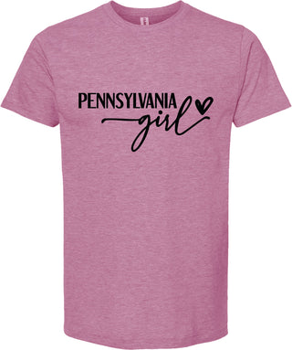 Raspberry t-shirt with 'Pennsylvania girl' text on a white background