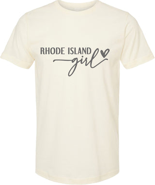 Cream t-shirt with 'RHODE ISLAND Girl' text on a white background