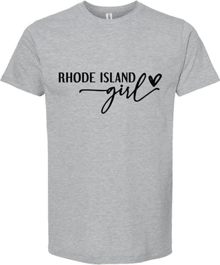 Light Gray t-shirt with 'RHODE ISLAND girl' text on a white background