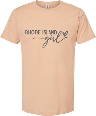 Peach t-shirt with 'RHODE ISLAND girl' text on a white background
