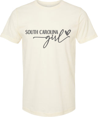 Cream t-shirt with 'South Carolina Girl' text on a white background