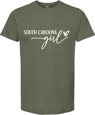 Green t-shirt with 'South Carolina Girl' text on a white background