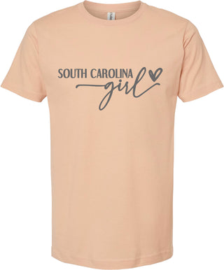 Peach t-shirt with 'South Carolina girl' text on a white background