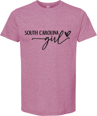 Raspberry t-shirt with 'South Carolina girl' text on a white background
