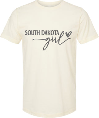 Cream t-shirt with 'South Dakota Girl' text on a white background