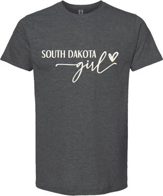 Dark gray t-shirt with 'South Dakota girl' text on a white background