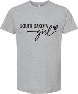 Light Gray t-shirt with 'South Dakota girl' text on a white background