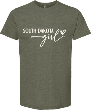 Green t-shirt with 'South Dakota Girl' text on a white background